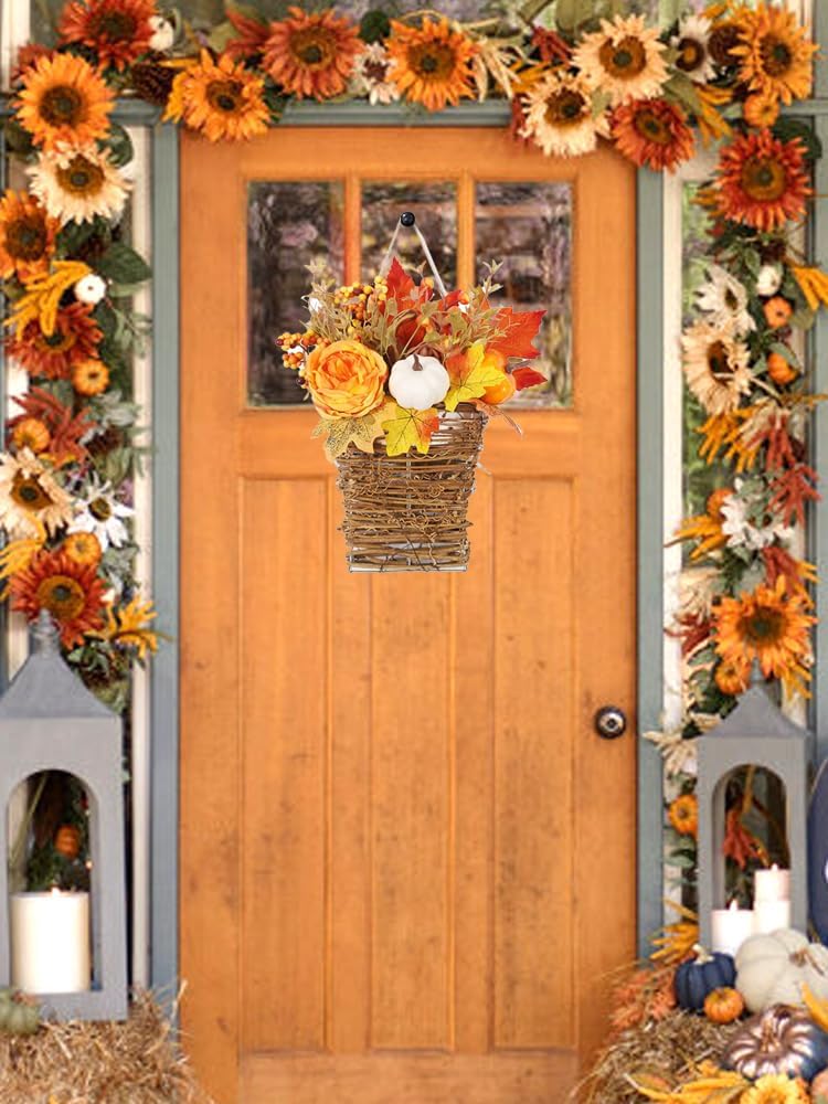 Autumn Peony Pumpkin Wall Hanging Basket Wreath