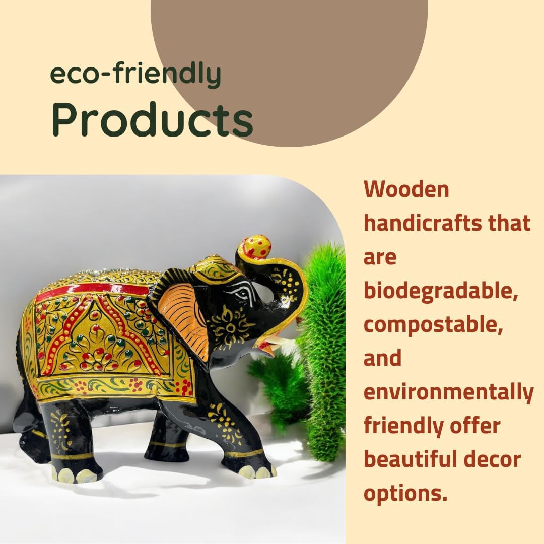 Handcrafted Wooden Elephant Figurine with Gold and Gemstone Details