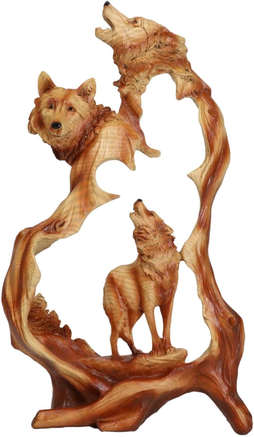 Ebros Gift Nature Rustic Faux Wood Howling Wolf Family Sculpture