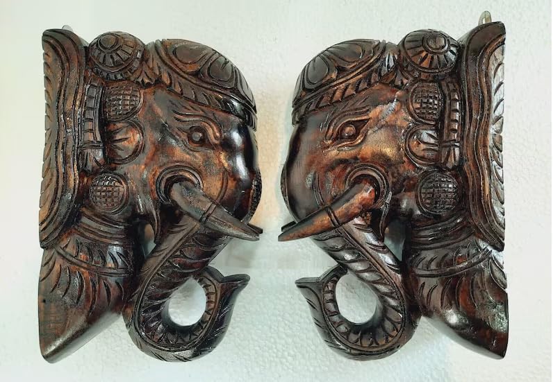 Blackperlcrafts 2 Pcs Big Elephant Statue Wooden Wall Bracket Decor