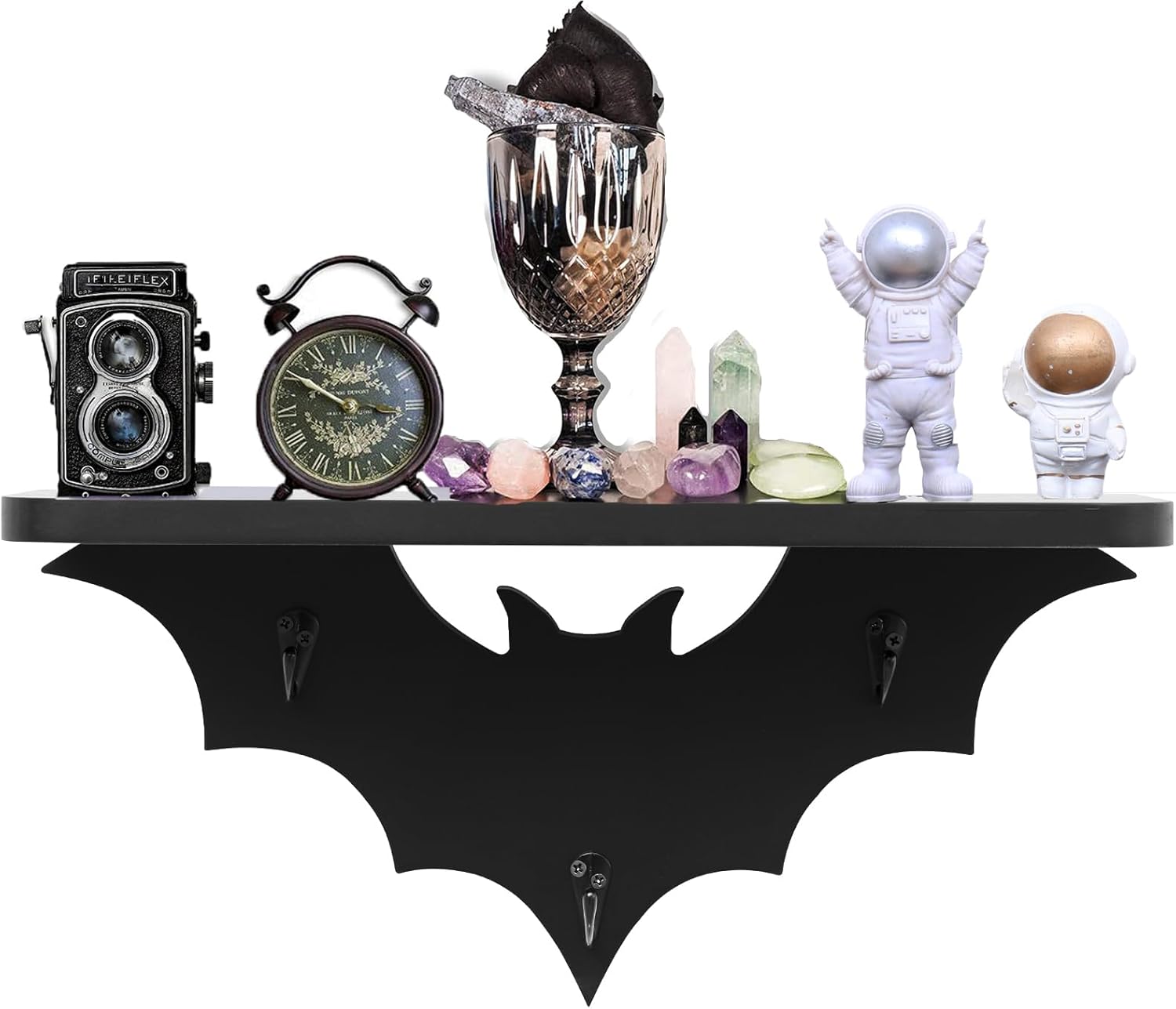 Bat Floating Shelf with 3 Key Hooks Black Wall Decor