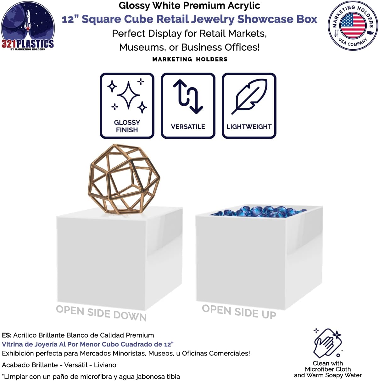 4 Pack 12 Inch White Acrylic Display Box with Open Side