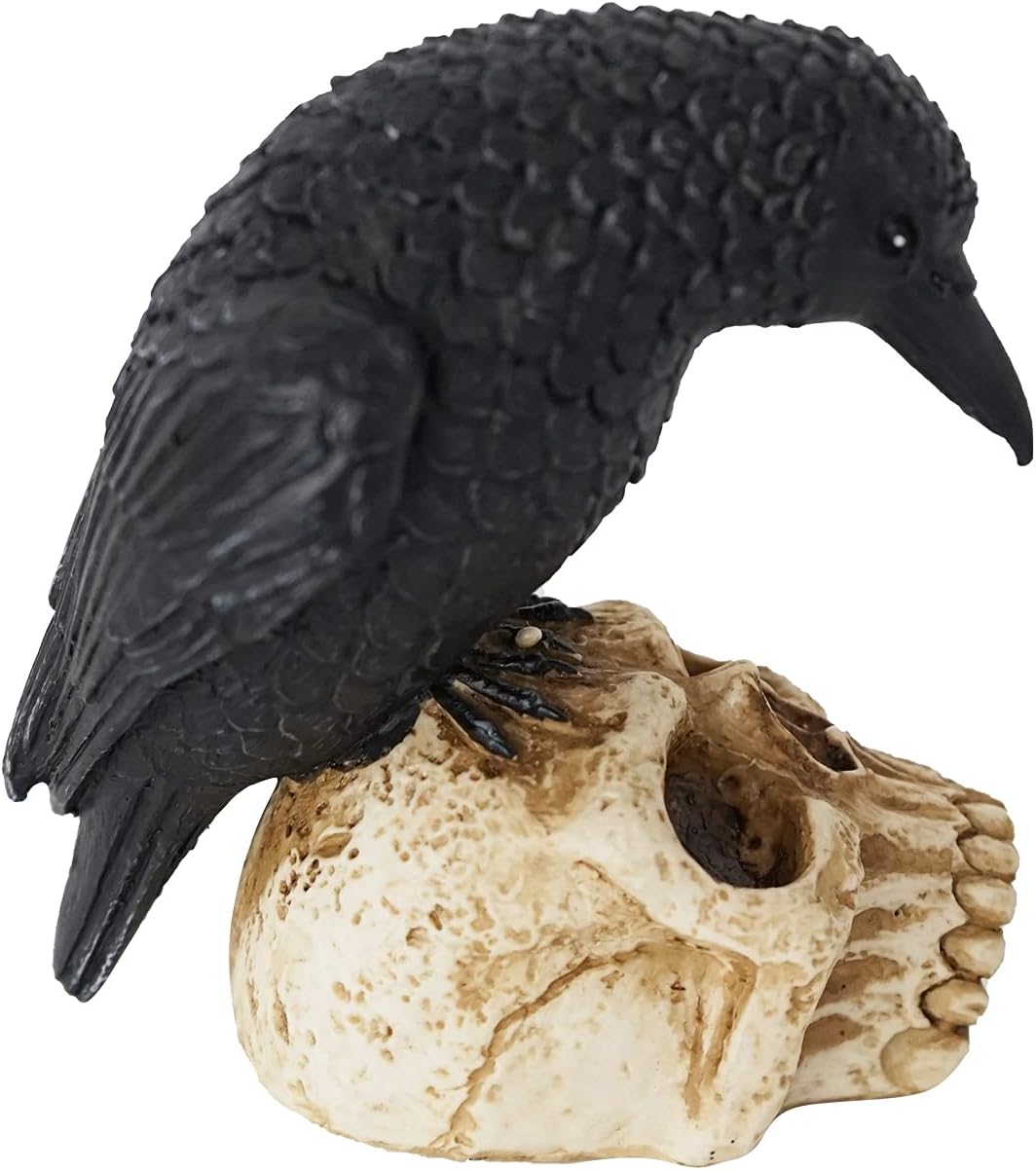 EraSpooky Gothic Crow on Skull Halloween Statue