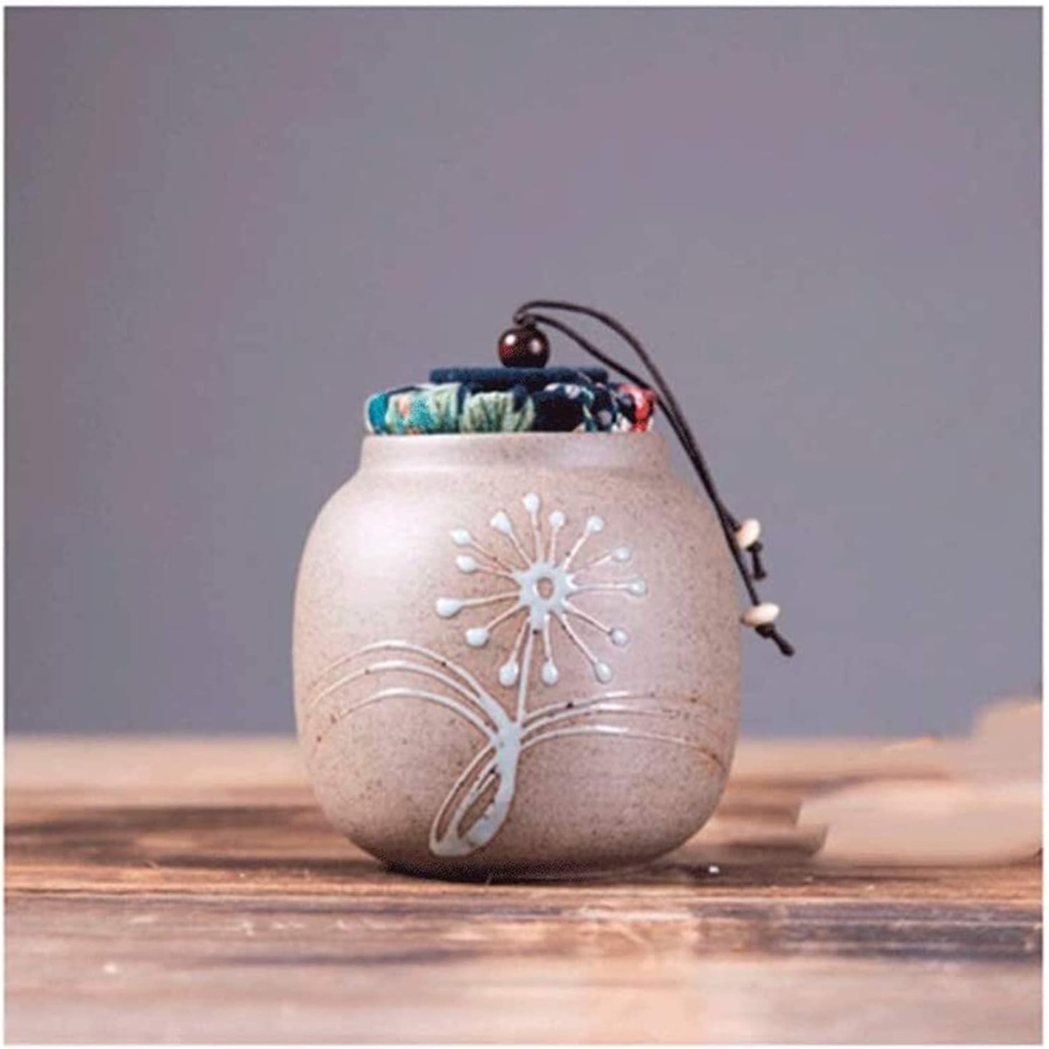 Ceramic Cremation Urn with Wooden Cover and Copper Handle