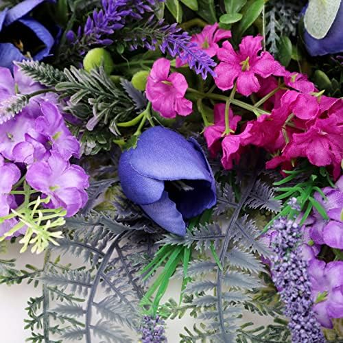 Spring Wreath for Front Door with Lavender Tulips and Green Leaves