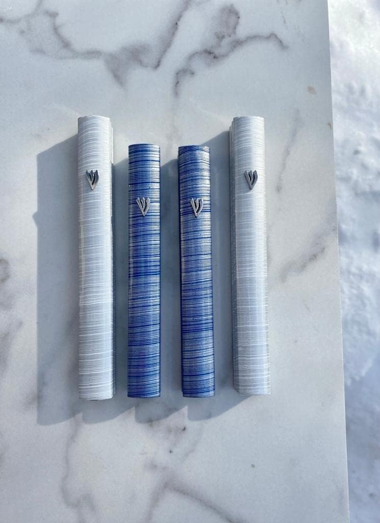 AS Mezuzah Case with 3D Painted Shin Design Blue White 5 Inches