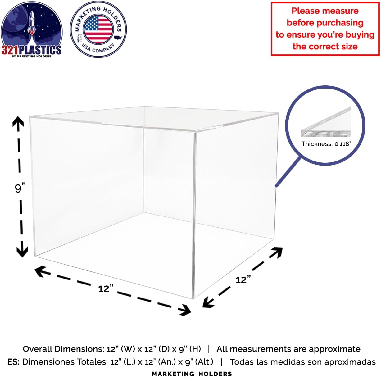 12x12x9 Clear Acrylic Riser Display Box No Lid
