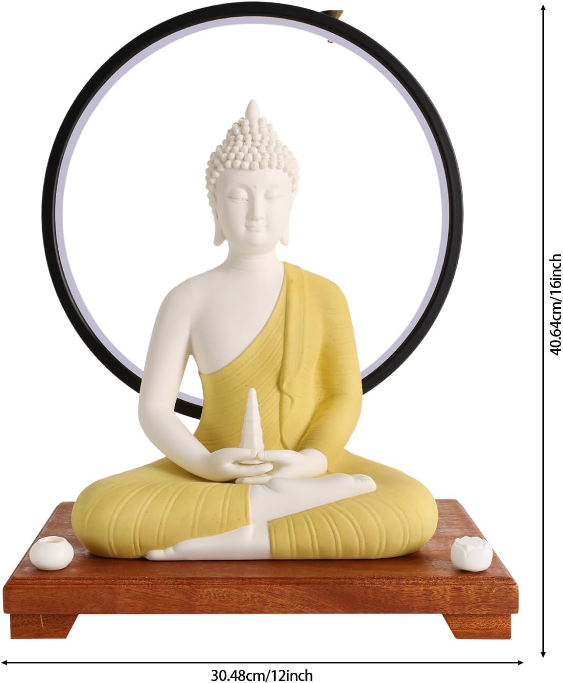 Shakyamuni Buddha Statue with LED Halo 12x8x16in Ceramic and Wood Base