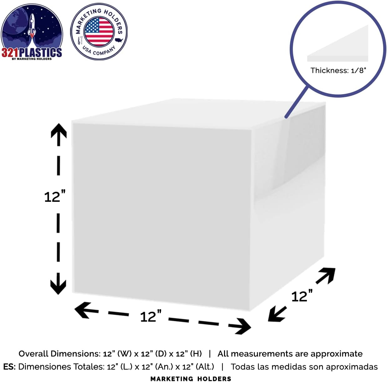 4 Pack 12 Inch White Acrylic Display Box with Open Side