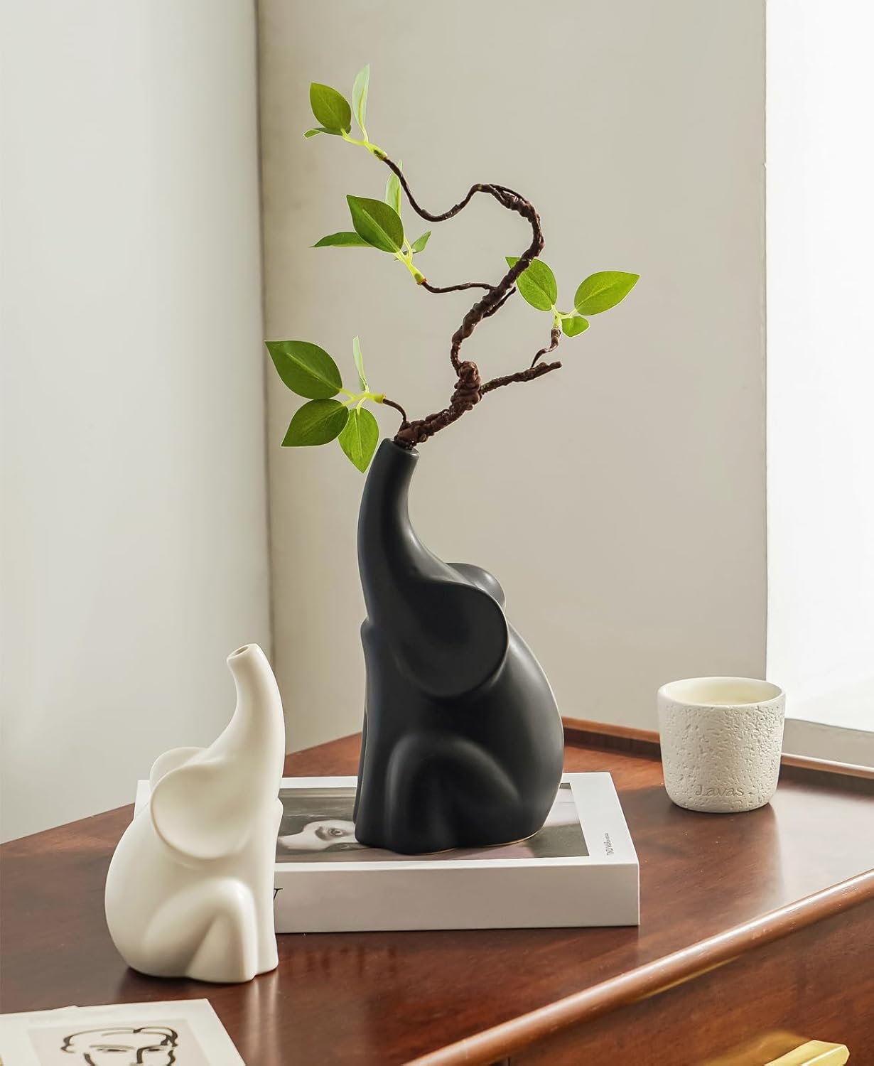Loving Pair of Elephants with Flower Ceramic Decor Statue