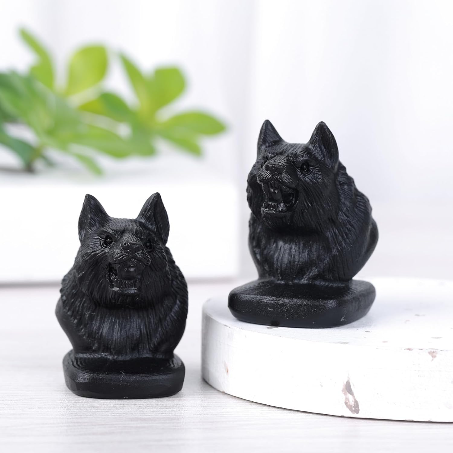 Natural Black Obsidian Wolf Head Figurine Sculpture Art Decor
