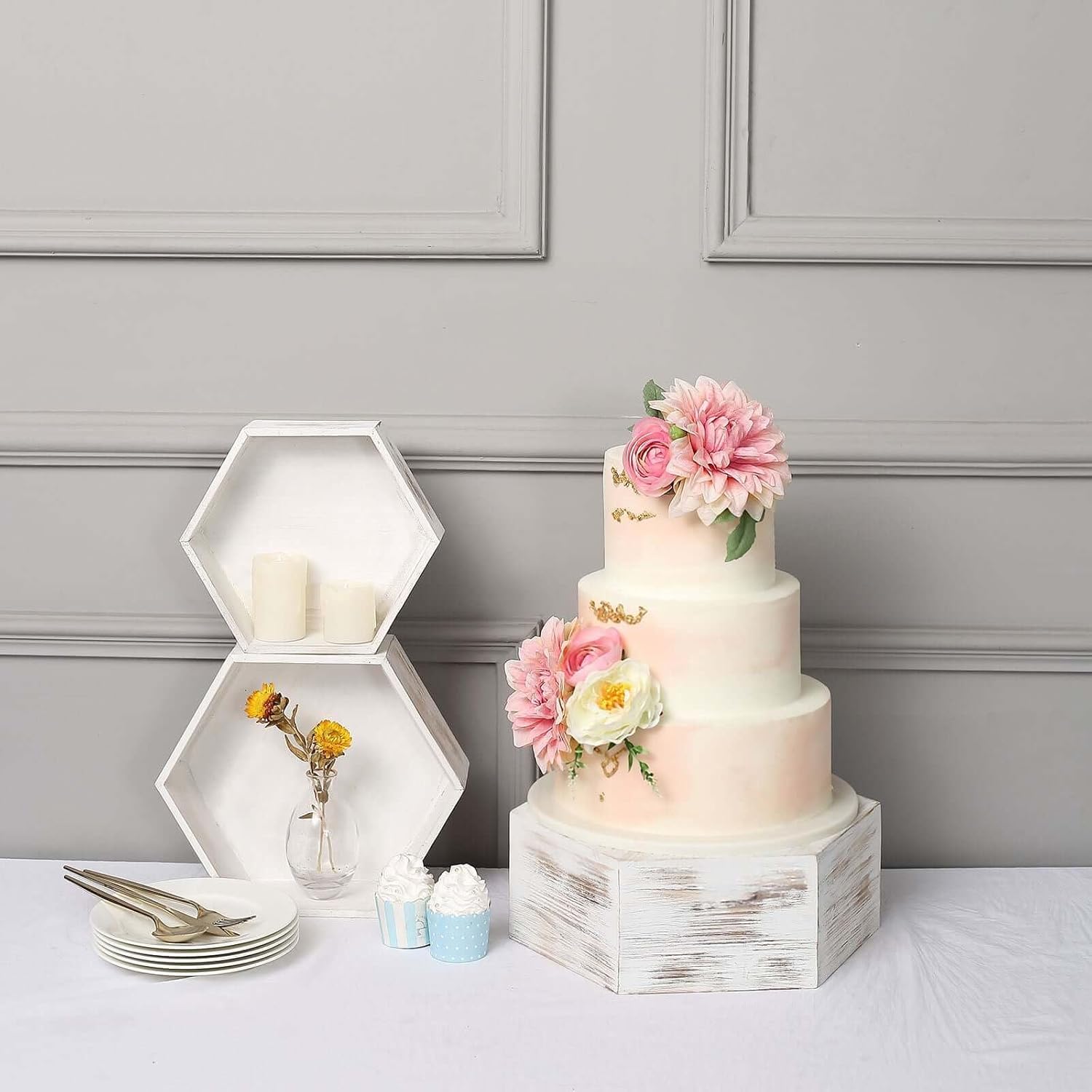 Efavormart Set of 3 Whitewashed Hexagonal Wood Dessert Holders
