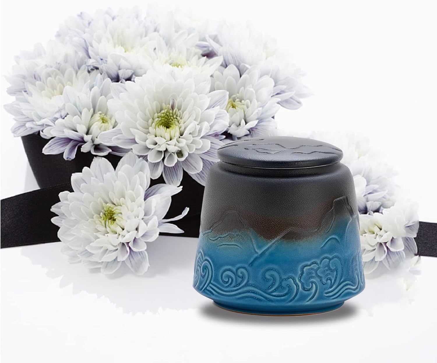 Small Urn for Human Ashes - Black Blue Gradient 33 inch Ceramic Urn