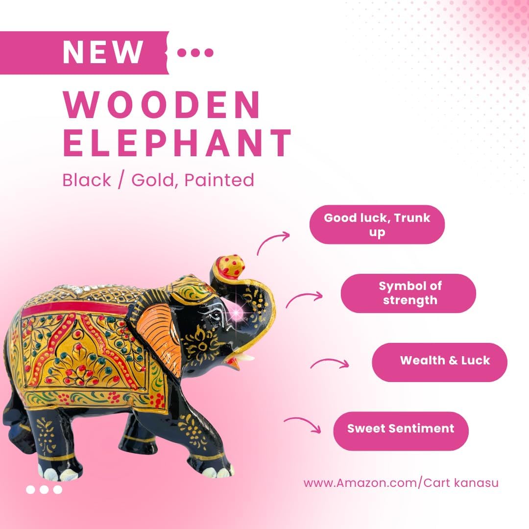 Handcrafted Wooden Elephant Figurine with Gold and Gemstone Details