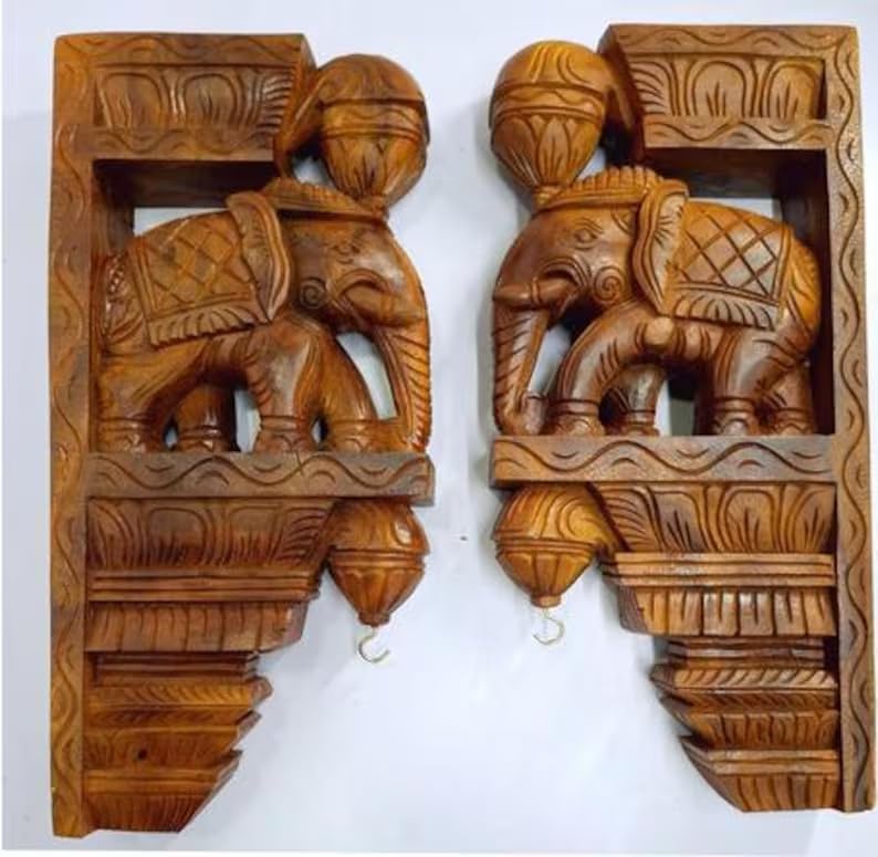 Wood Elephant Wall Bracket with Brass Bells Home Decor Set