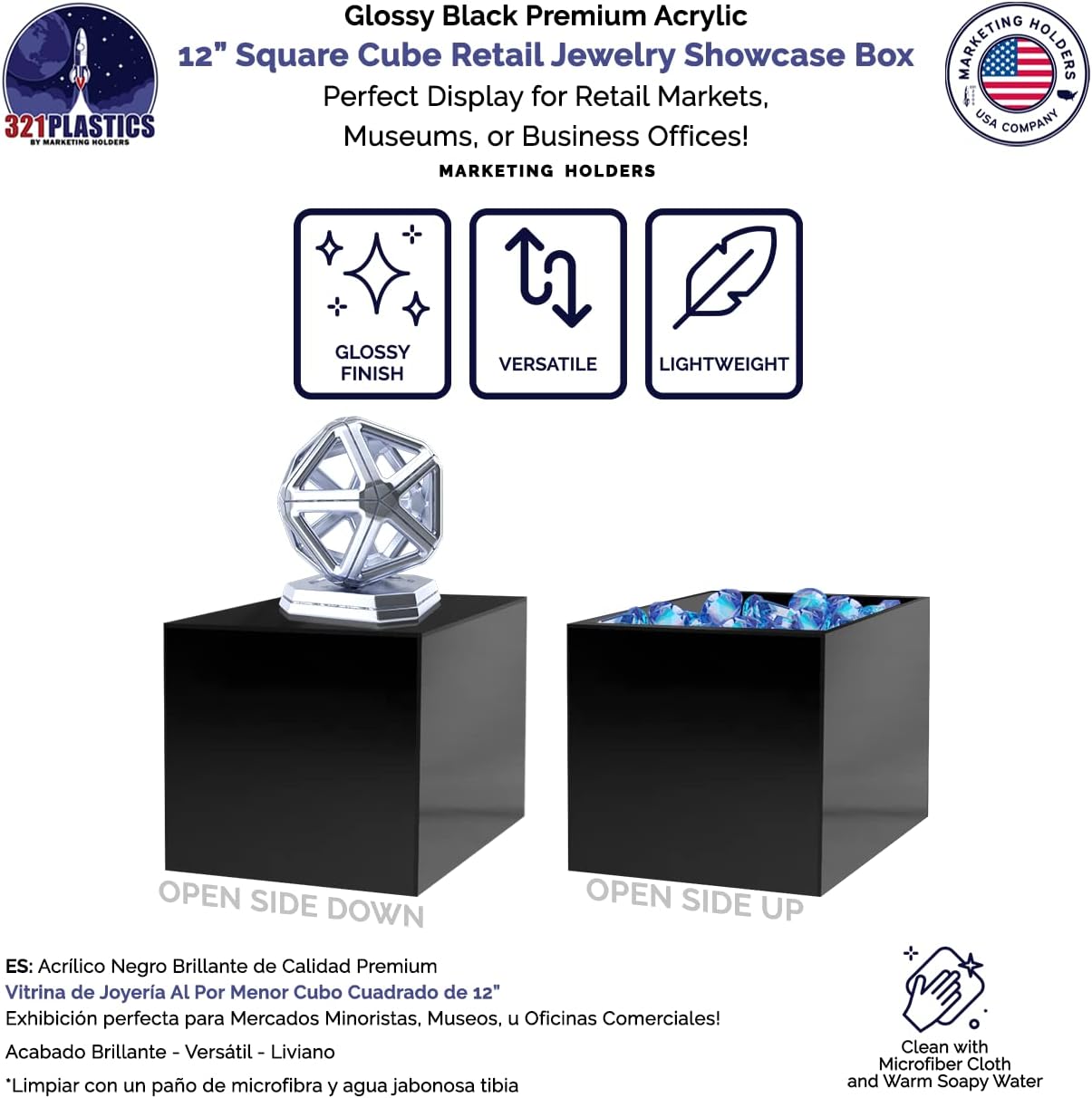 2 Pack 12 Inch Black Acrylic Display Box with Open Side