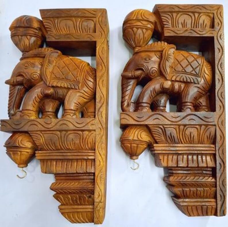 Wood Elephant Wall Bracket with Brass Bells Home Decor Set