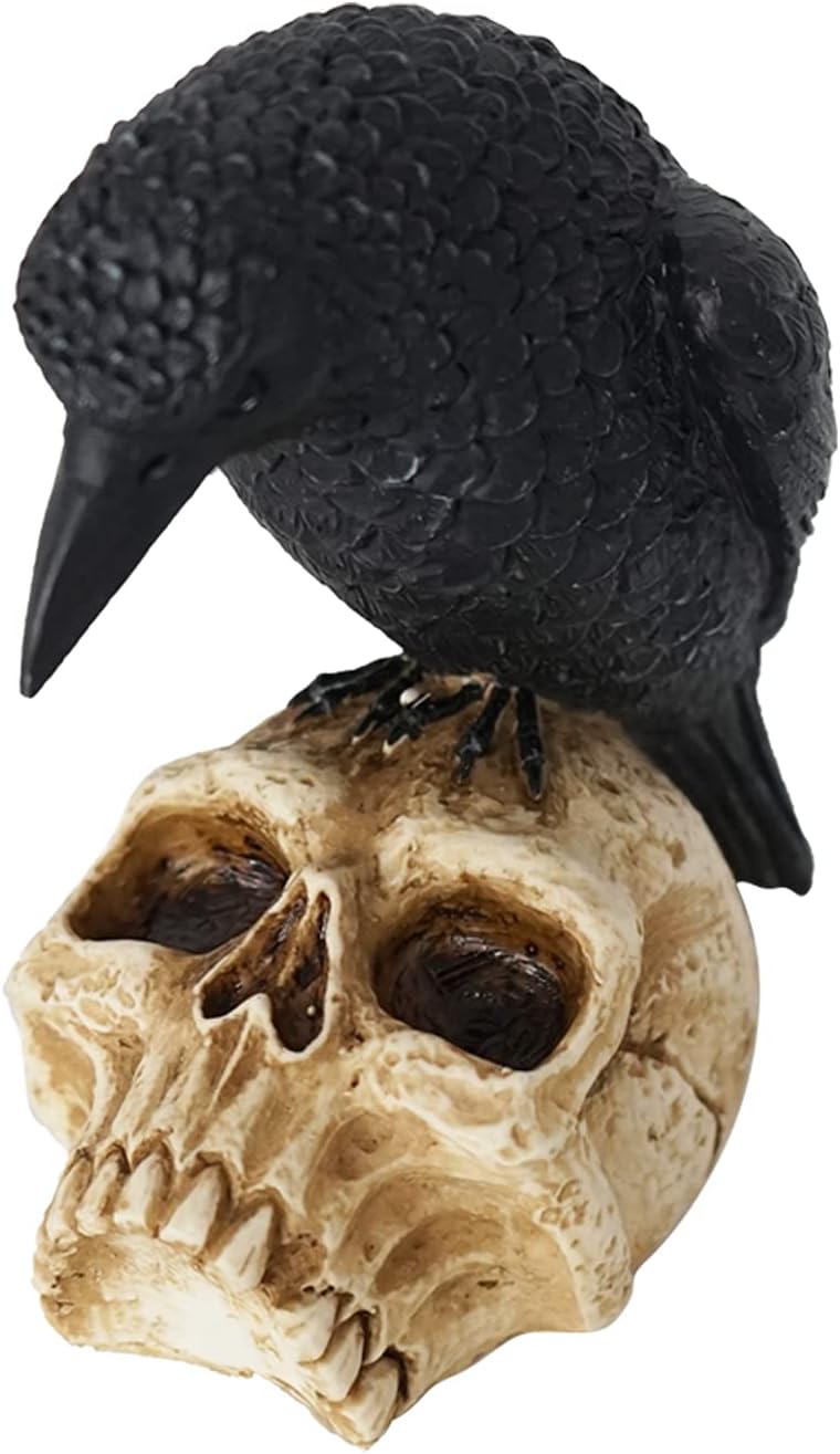 EraSpooky Gothic Crow on Skull Halloween Statue