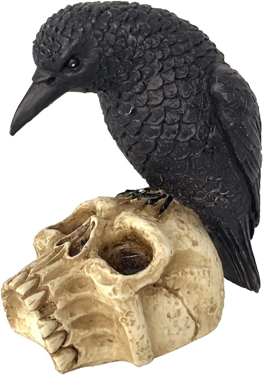 EraSpooky Gothic Crow on Skull Halloween Statue
