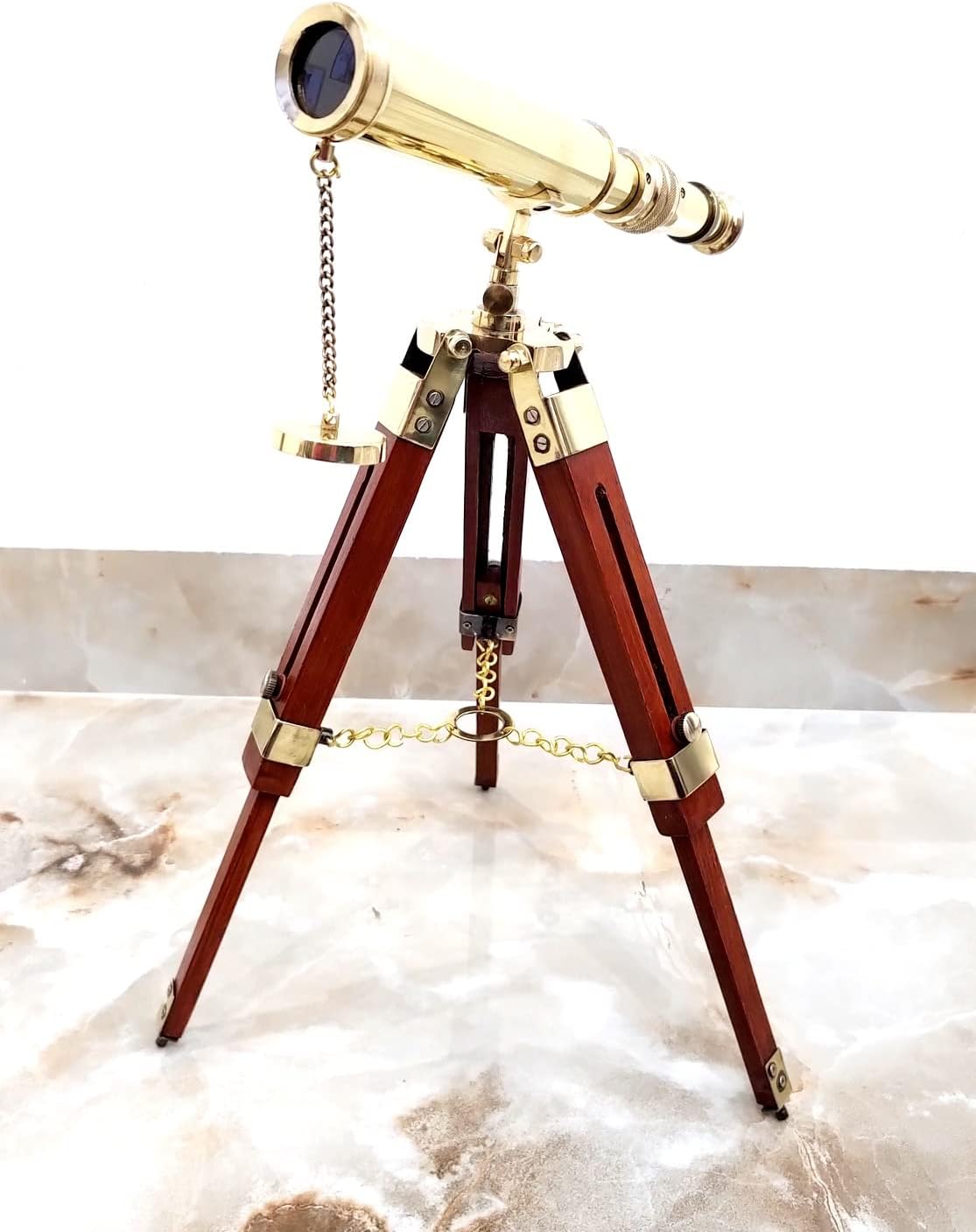 Golden Polish Maritime Brass Telescope with Adjustable Wooden Tripod Stand