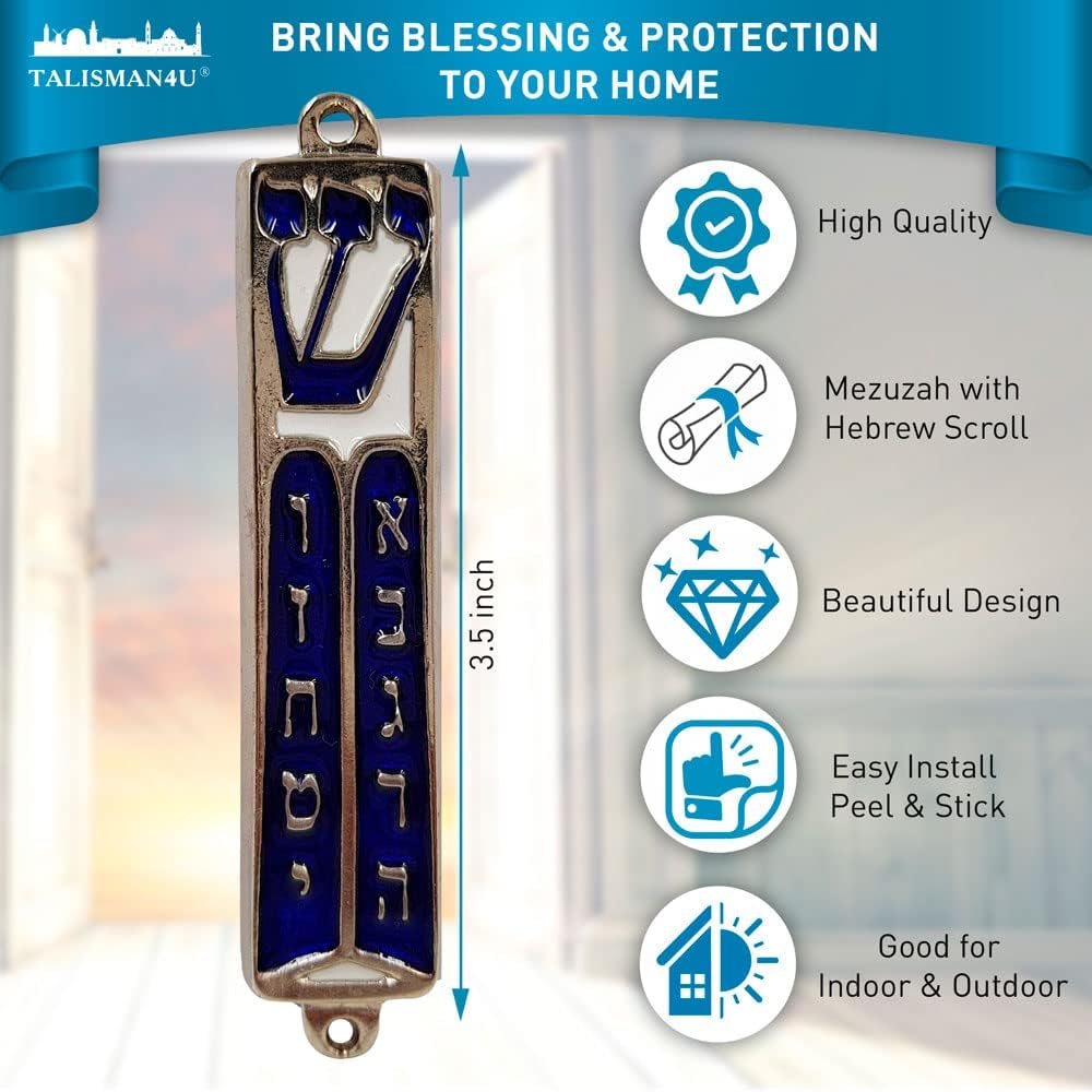 Talisman4u Ten Commandments Mezuzah Scroll Silver Tone Blue Enamel Door Ornament