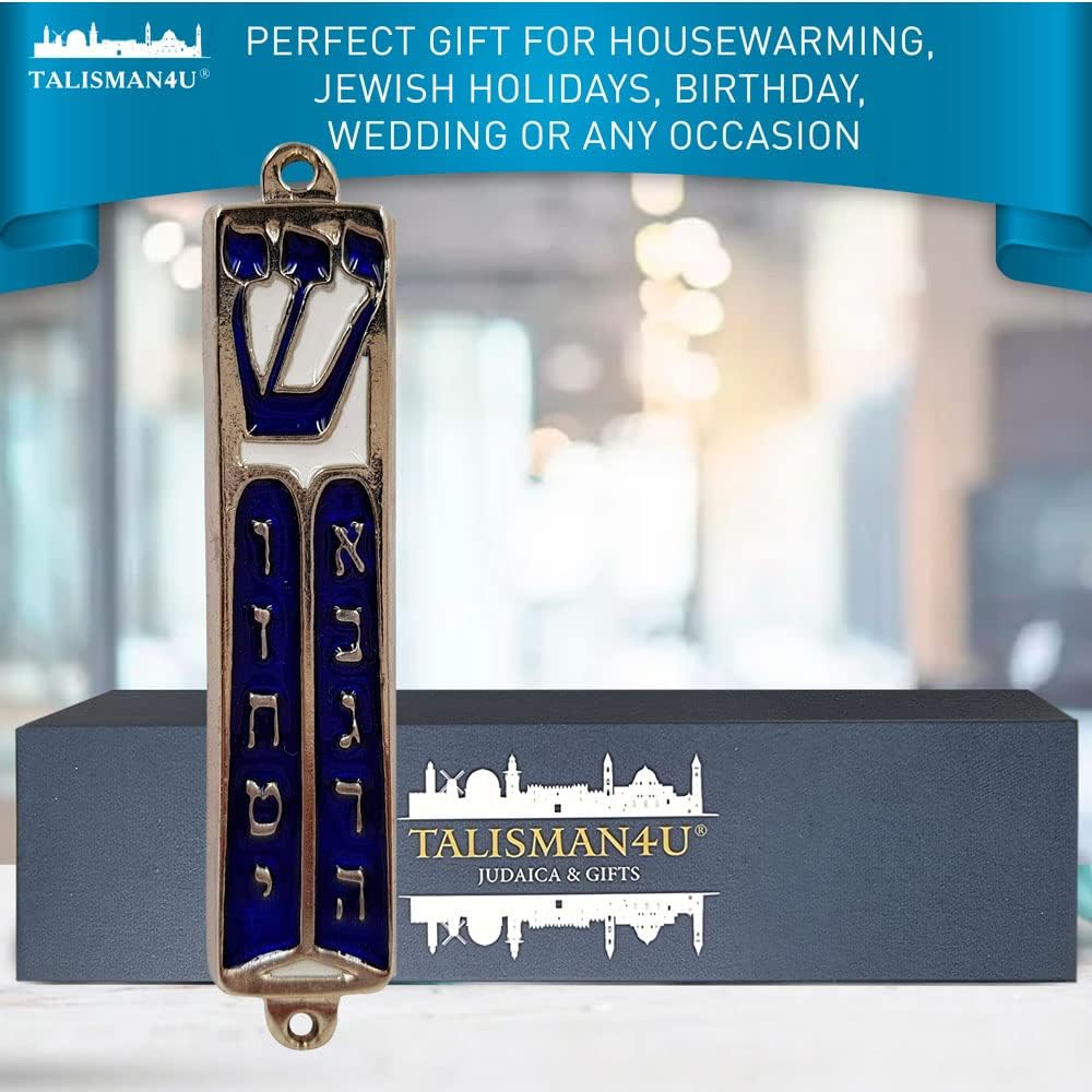 Talisman4u Ten Commandments Mezuzah Scroll Silver Tone Blue Enamel Door Ornament