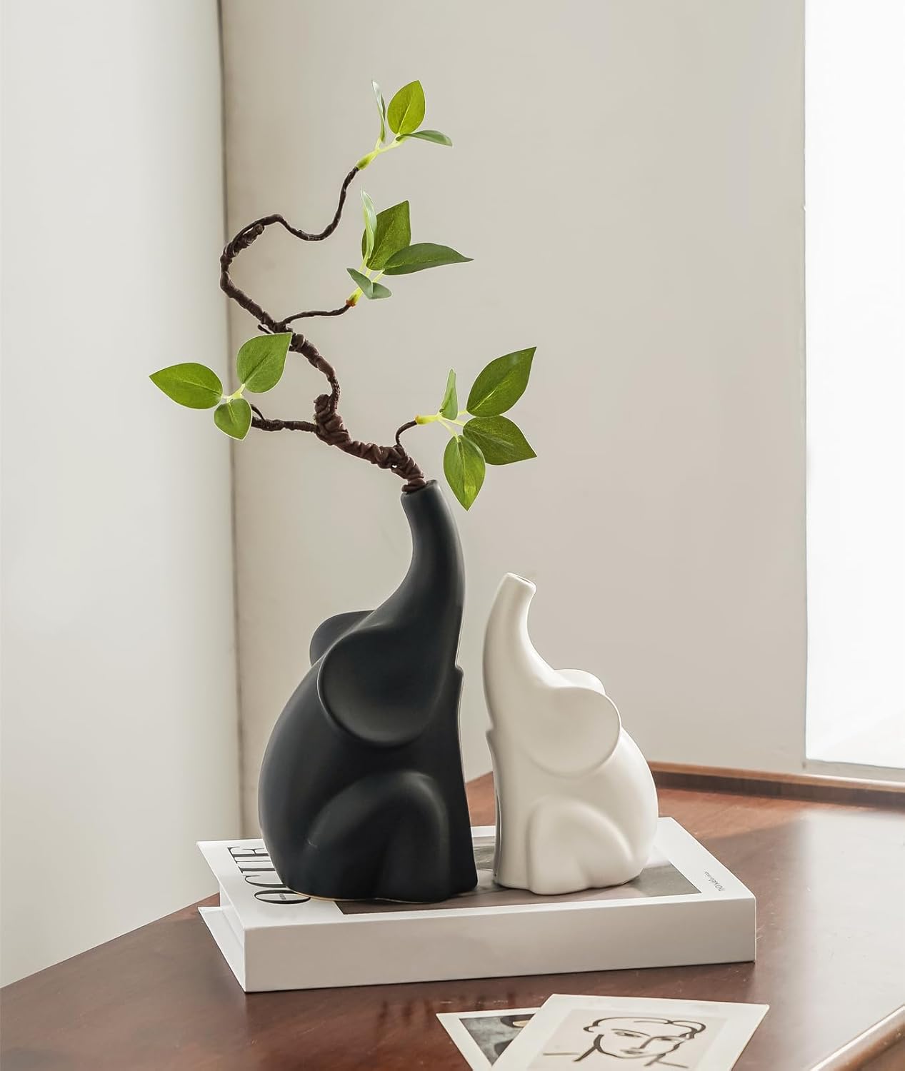 Loving Pair of Elephants with Flower Ceramic Decor Statue
