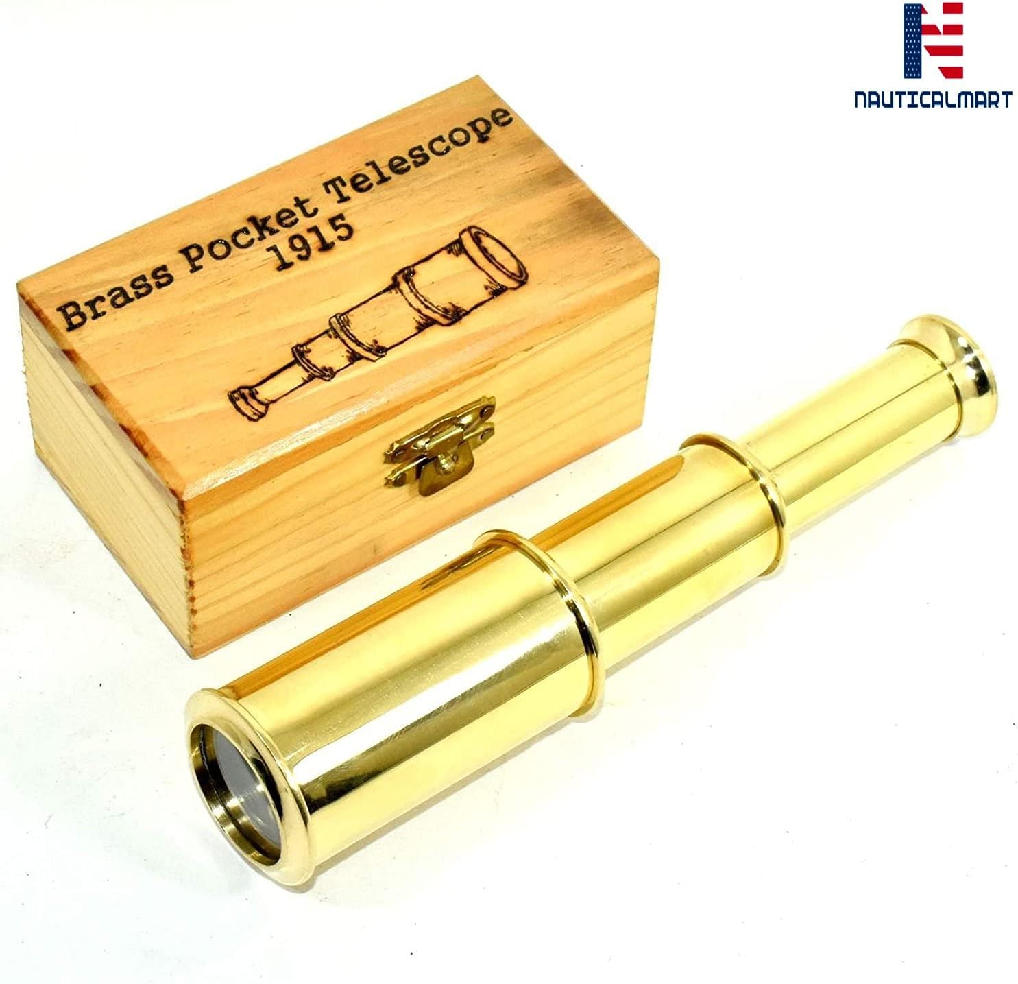 Full Brass Spyglass Telescope with Wooden Box