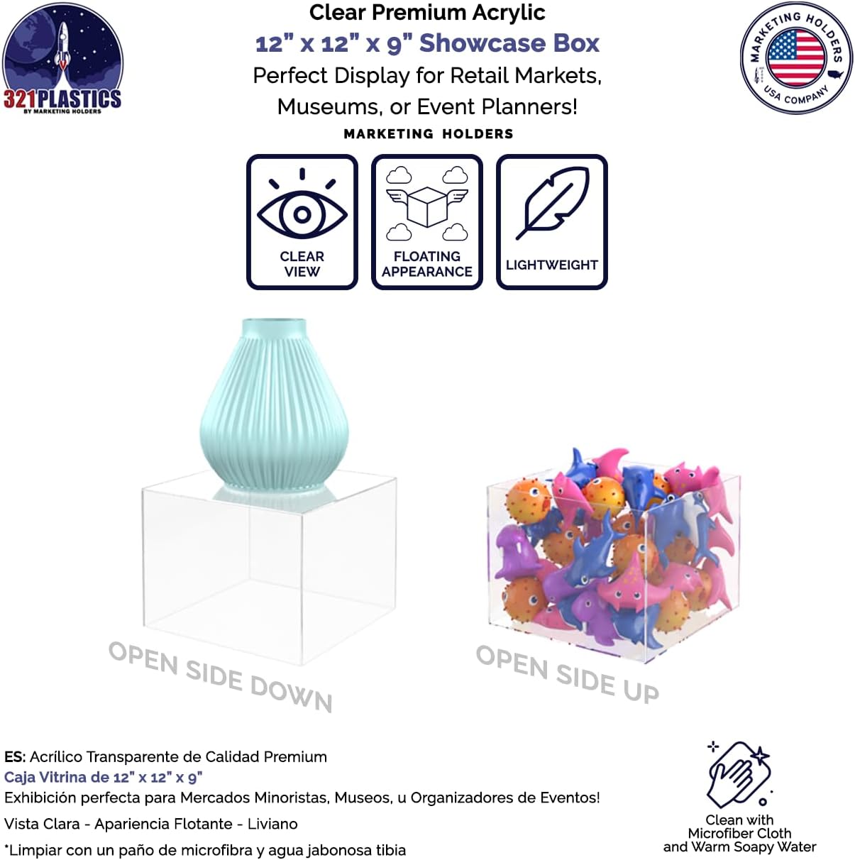 12x12x9 Clear Acrylic Riser Display Box No Lid