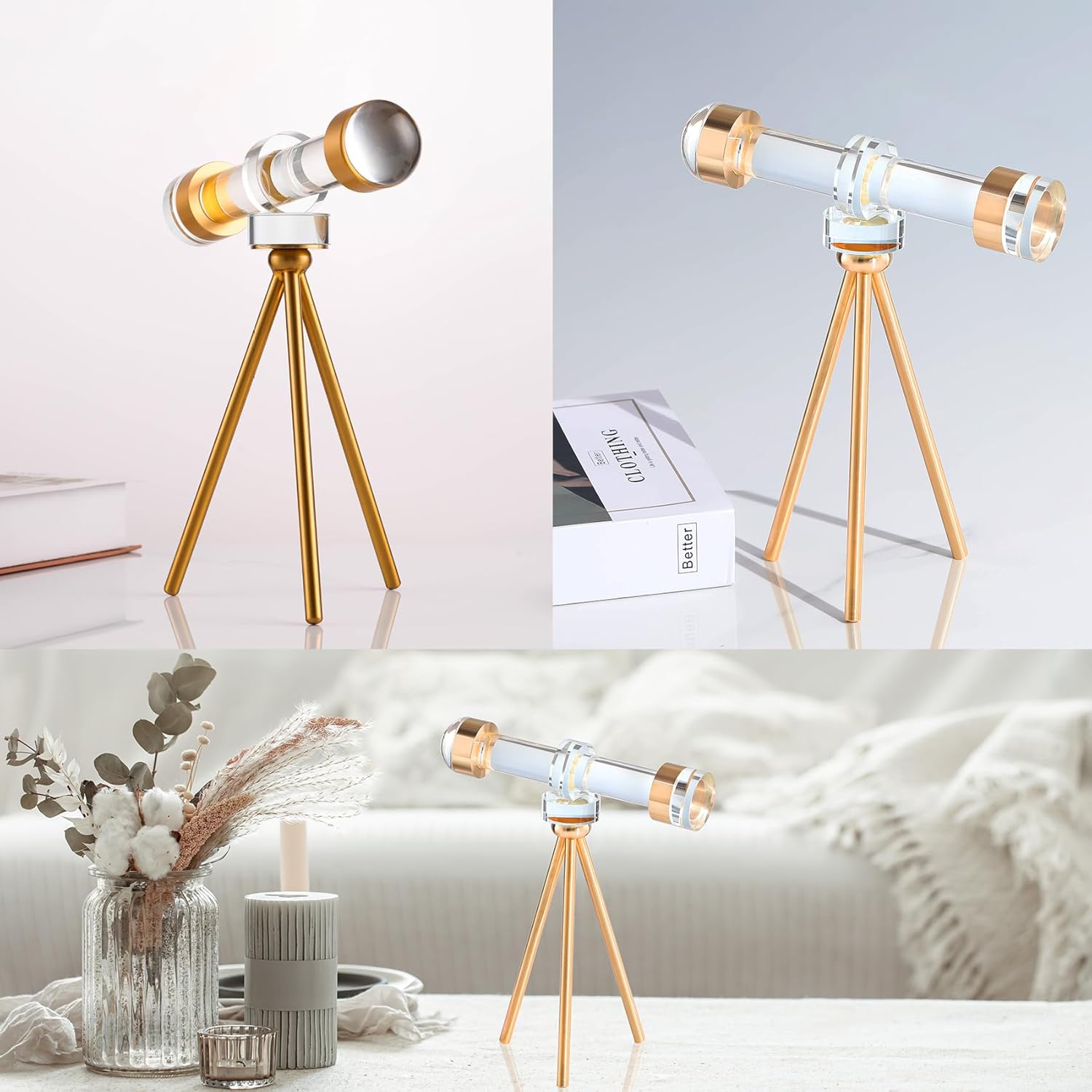 Modern Handmade Crystal Telescope with Brass Bracket Sculpture Decoration