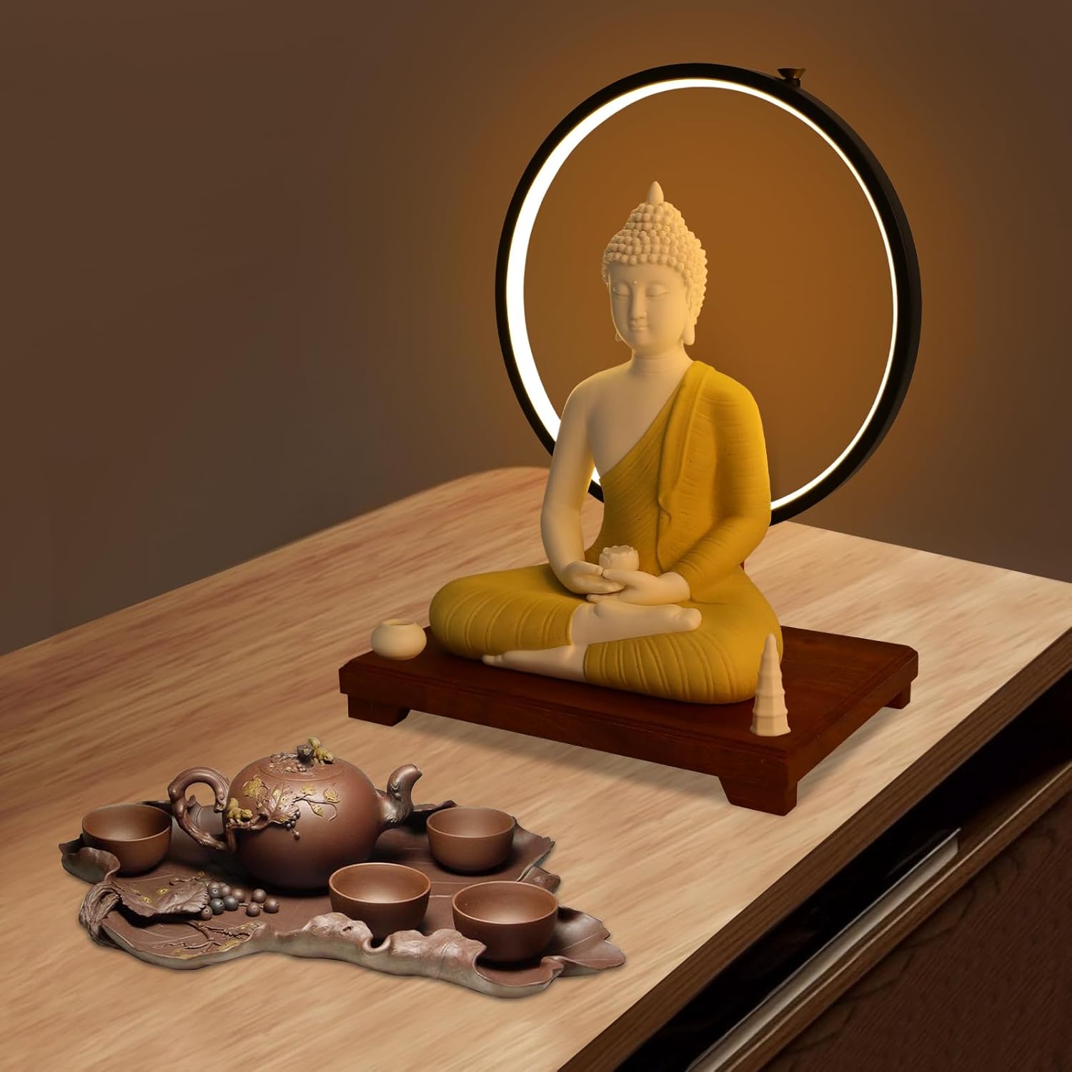 Shakyamuni Buddha Statue with LED Halo 12x8x16in Ceramic and Wood Base