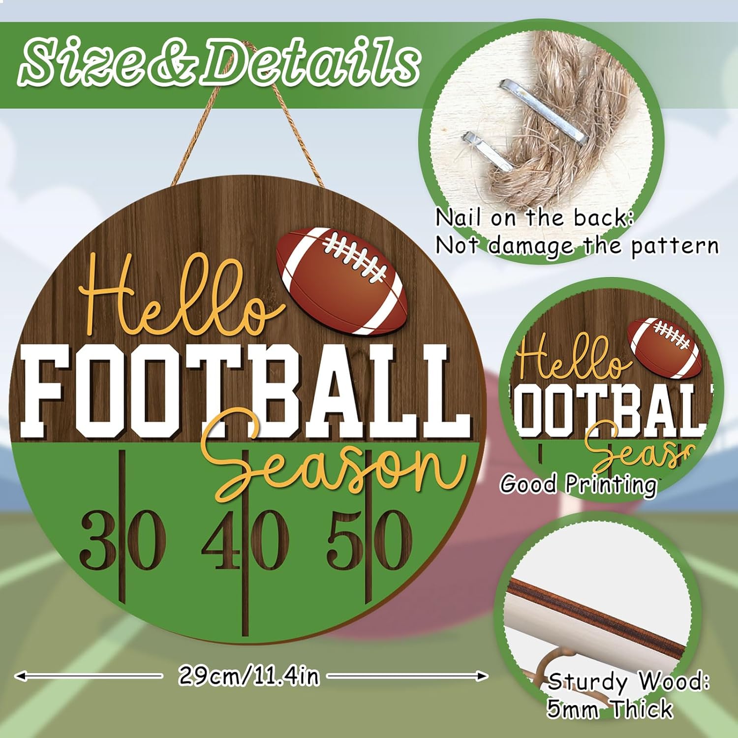 Whaline Football Wooden Wall Sign Hello Football Season Decor