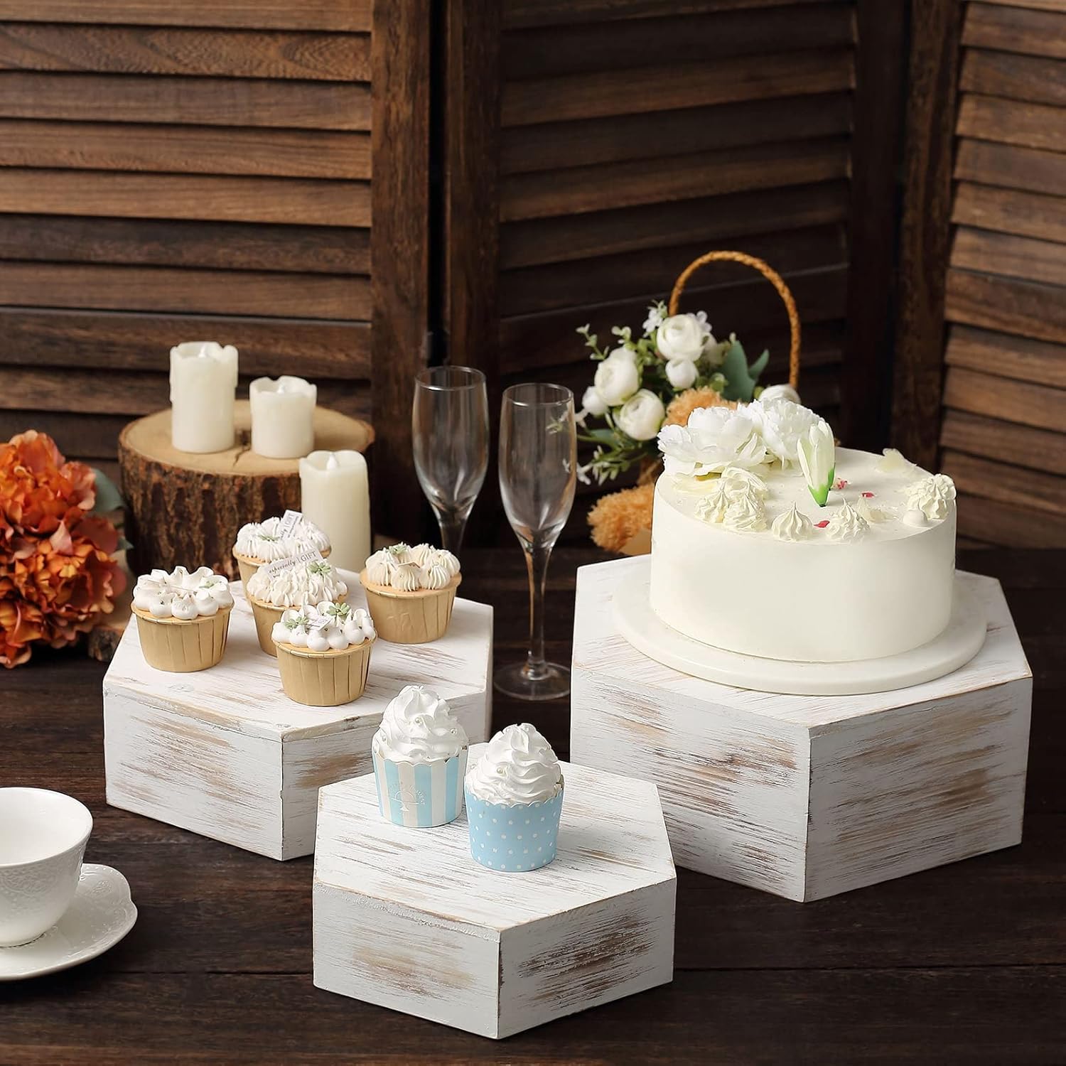 Tableclothsfactory Set of 3 Whitewashed Wooden Dessert Holders