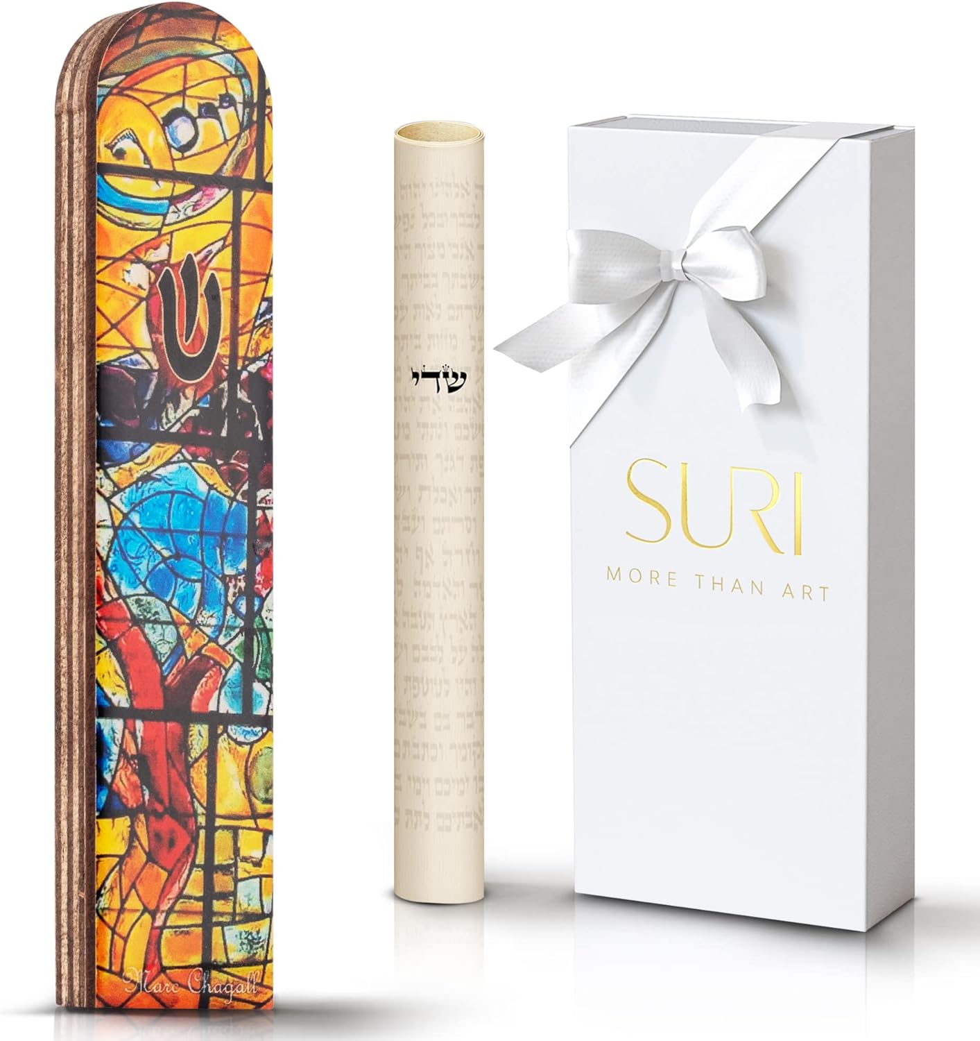 SURI Wooden Mezuzah with Non-Kosher Scroll 5 Inch Yellow Design