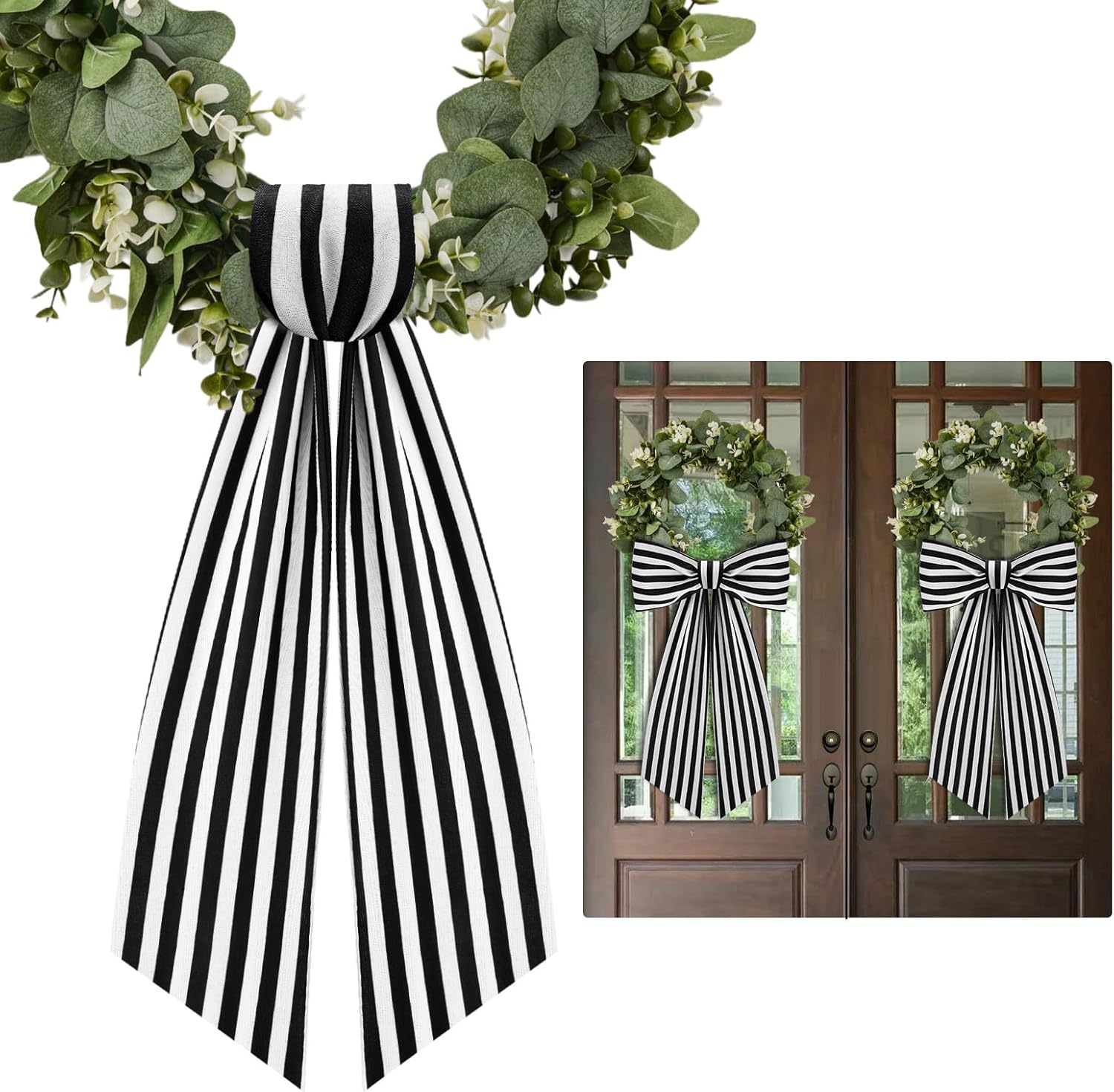 2 Pack Black and White Stripe Boxwood Wreath Sash