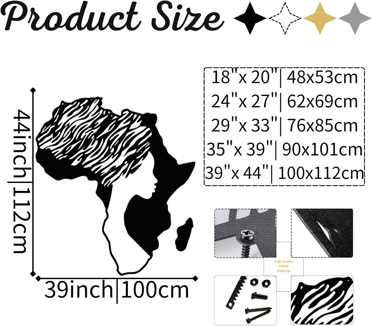 Yemwot African Woman Metal Wall Map Art - Gold 29x33 Inch