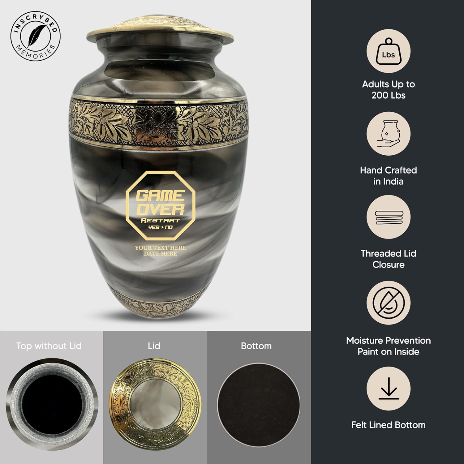 Custom Cremation Urn for Gamers - Gold Engraved Design