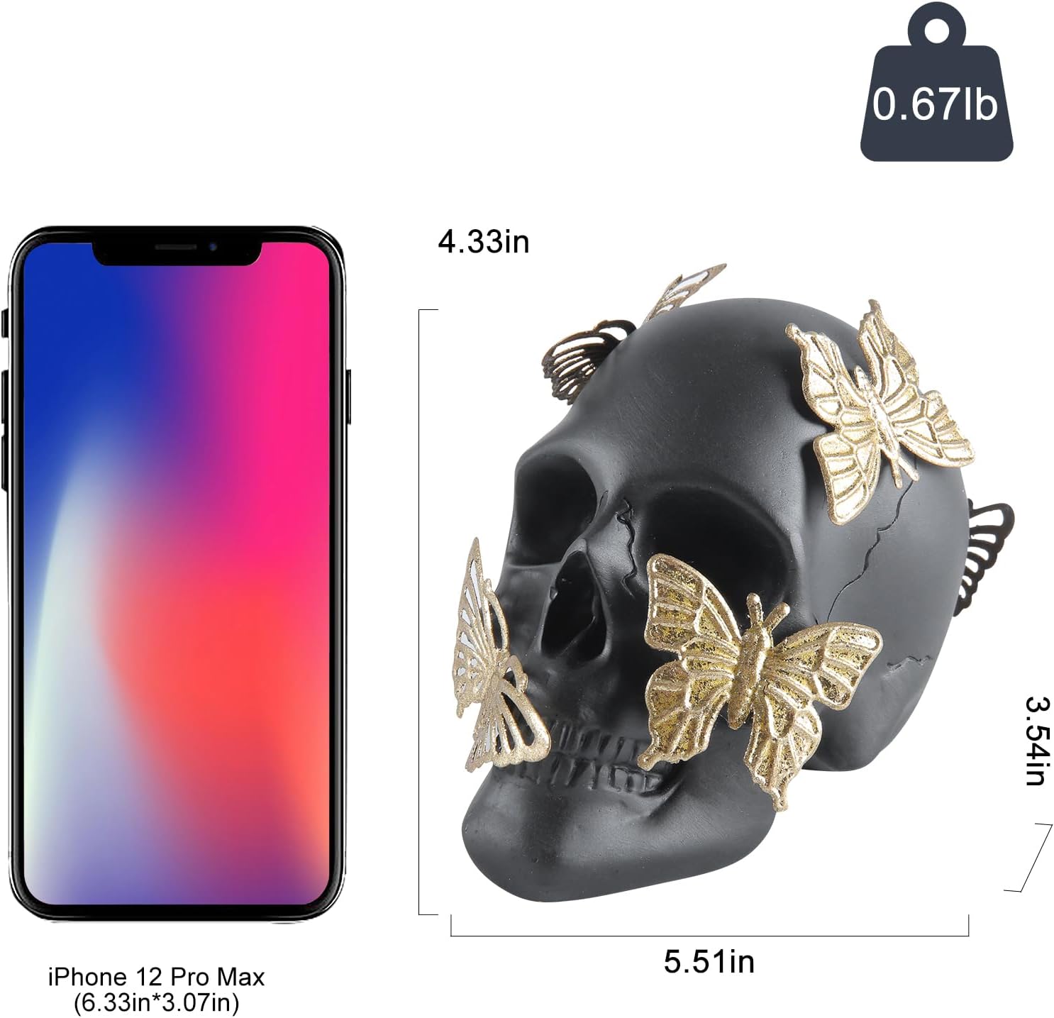 Black Skull Statue with Gold Butterfly Halloween Decor