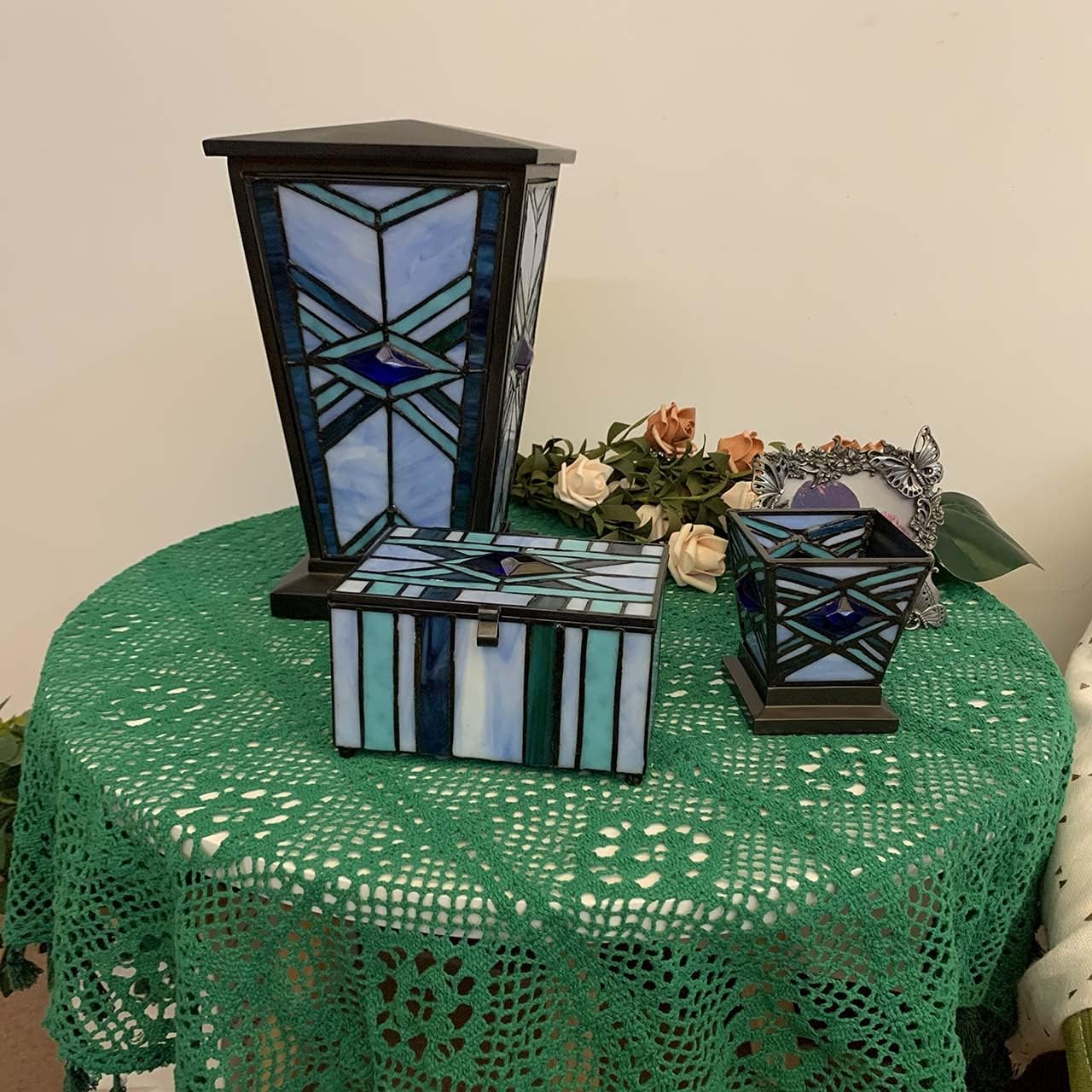 Bieye Blue Stained Glass Cremation Urn 7x11 Inch