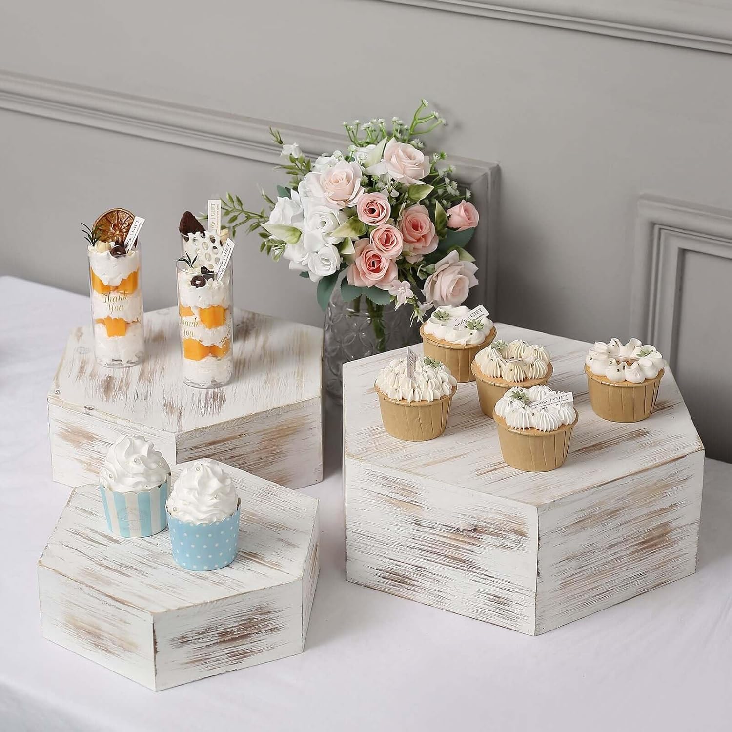 Tableclothsfactory Set of 3 Whitewashed Wooden Dessert Holders