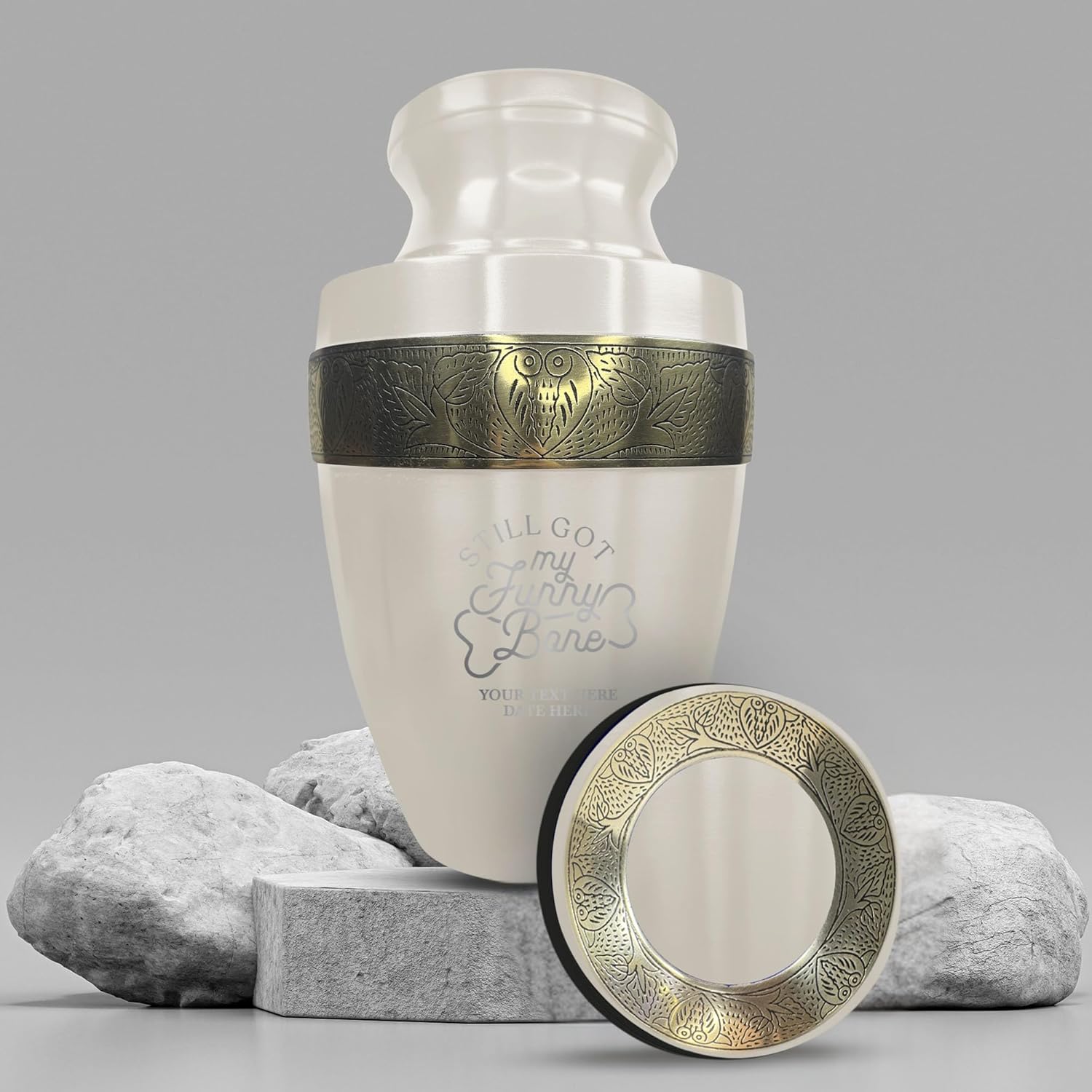 Custom Adult Cremation Urn with Funny Engraving 200 Lbs Gold Rim White