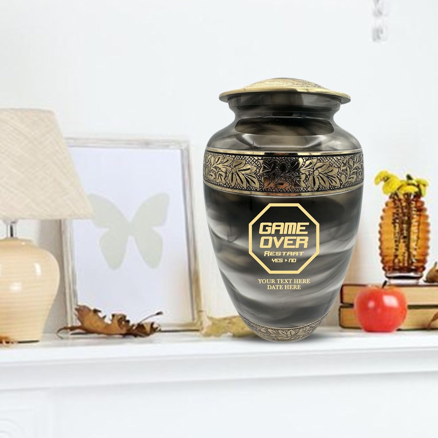 Custom Cremation Urn for Gamers - Gold Engraved Design