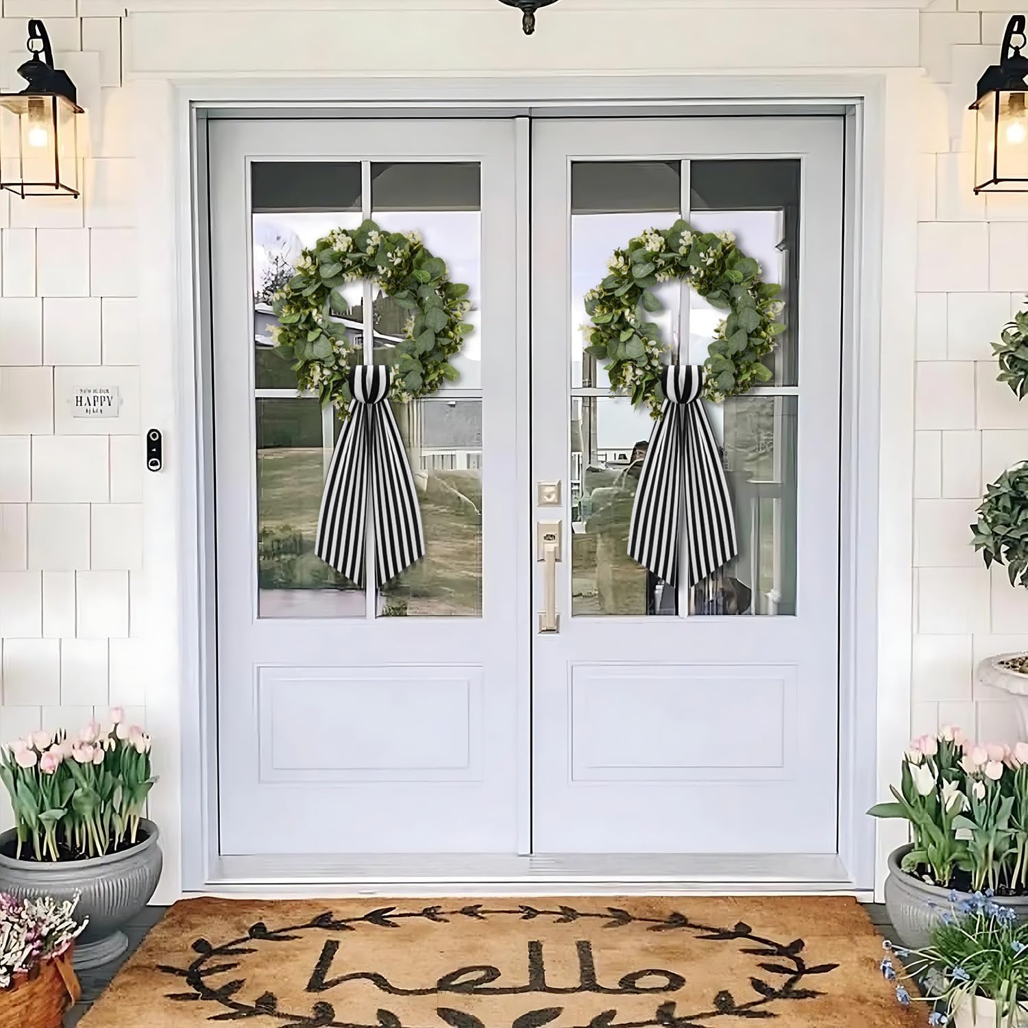 2 Pack Black and White Stripe Boxwood Wreath Sash