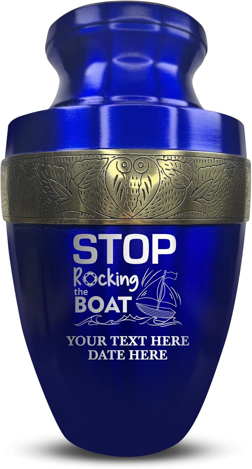 Custom Adult Cremation Urn with Funny Fishing Design and Gold Rim Blue