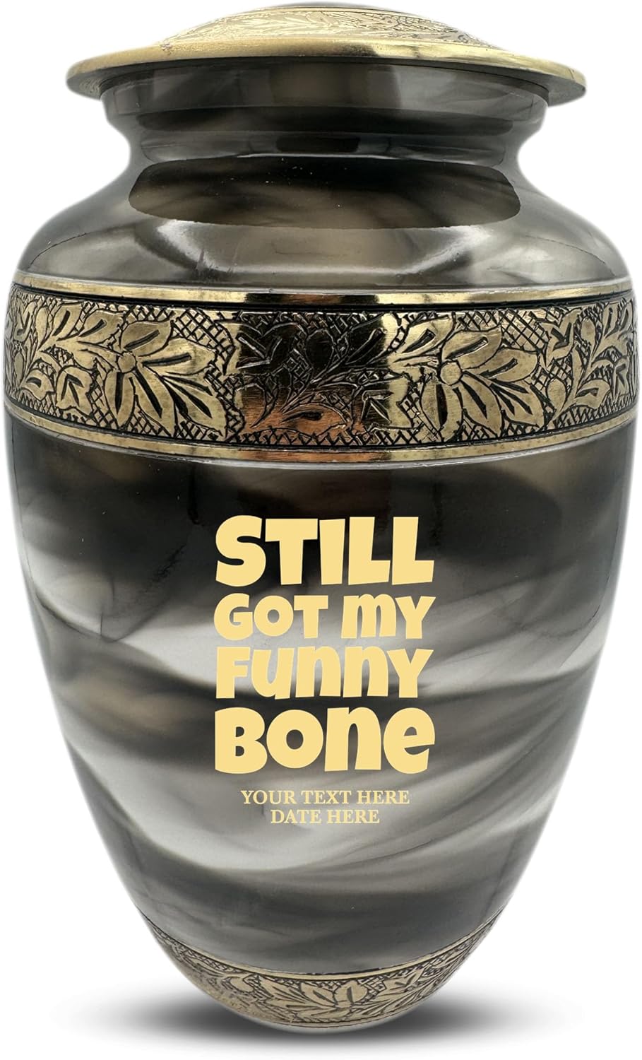 Custom Cremation Urn with Humor Engraving and Gold Design