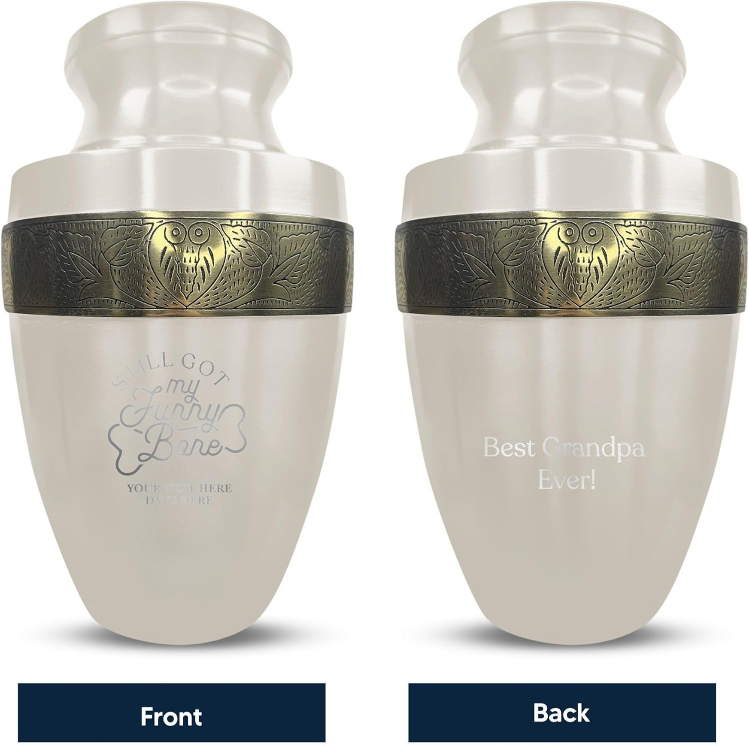 Custom Adult Cremation Urn with Funny Engraving 200 Lbs Gold Rim White