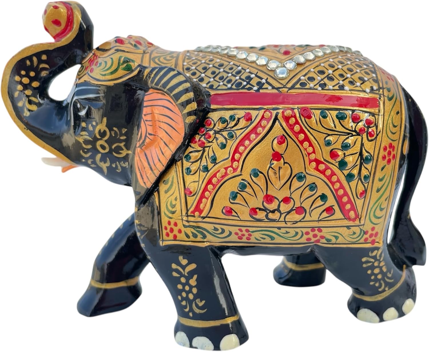Handcrafted Wooden Elephant Figurine with Gold and Gemstone Details