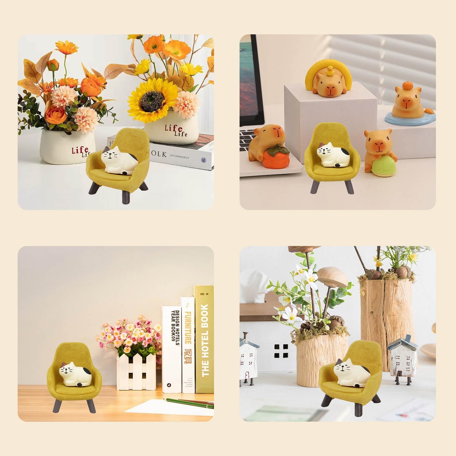 YouNuo Mini Cat Figurines with Yellow Sofa - Resin Decor