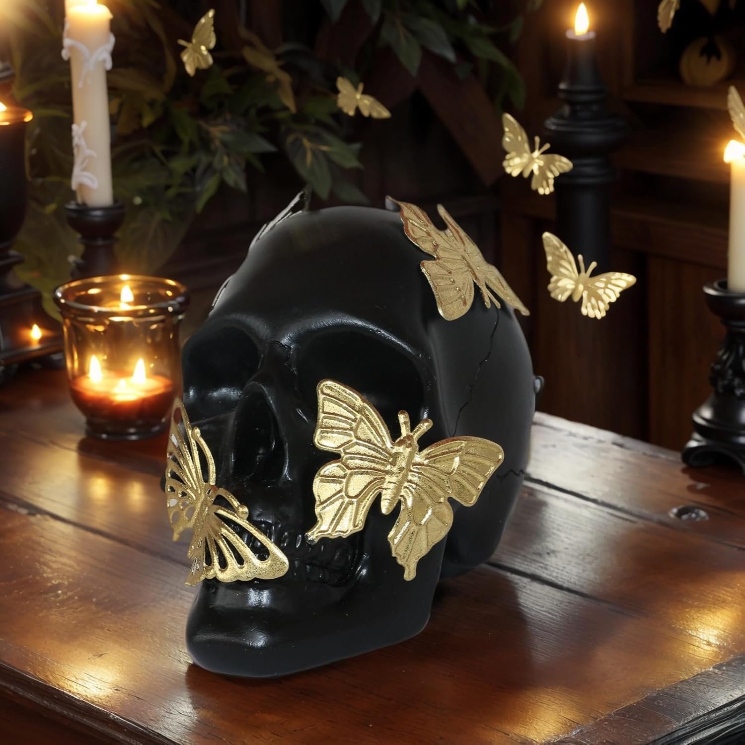 Black Skull Statue with Gold Butterfly Halloween Decor