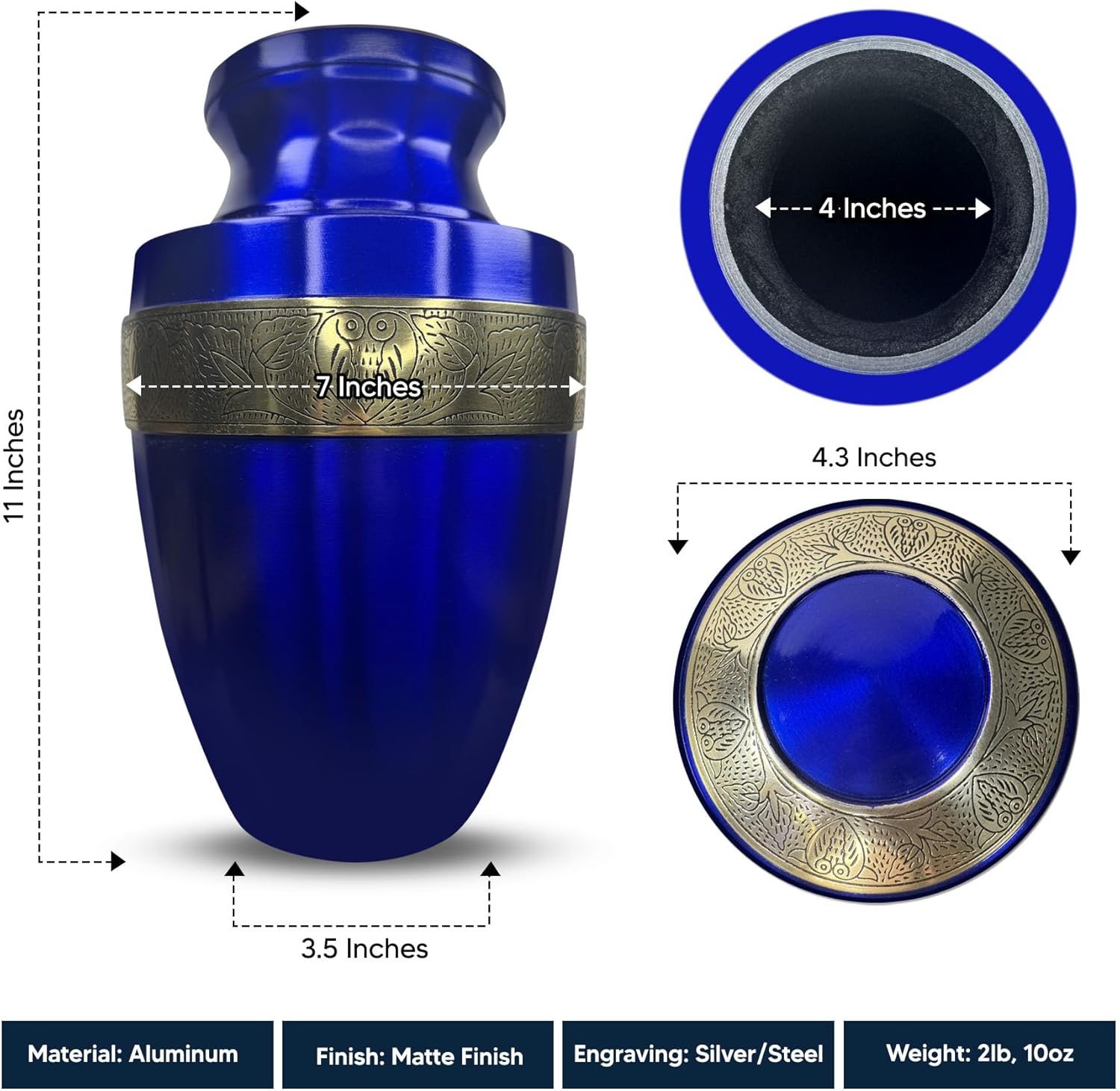 Custom Adult Cremation Urn with Funny Fishing Design and Gold Rim Blue